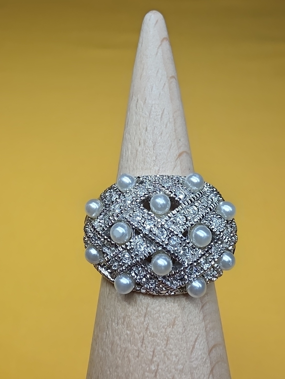 Stauer Vintage .925 Sterling Silver Pearl CZ Basket Weave Dome Cocktail Ring 7
